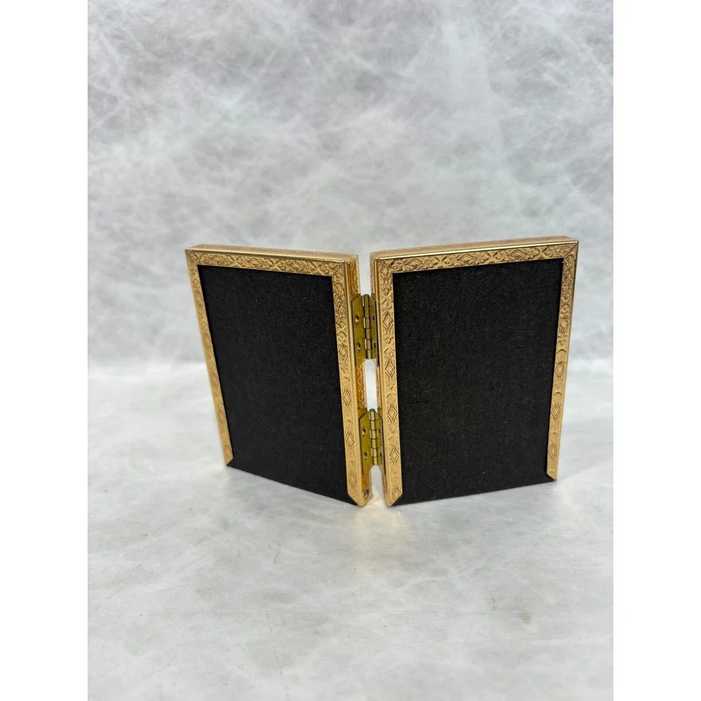 Vintage Gold Metal Double Folding Picture Frame Ornate Filigree Glass 2.5x3.5